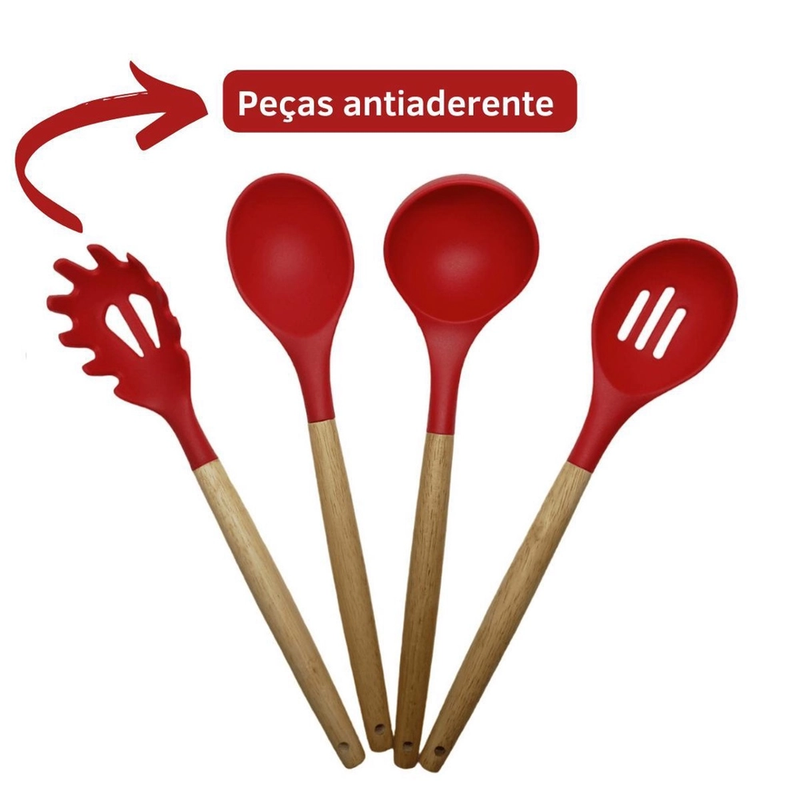 Kit Utensílios de Cozinha 12Pçs - Silicone e Cabo de Madeira