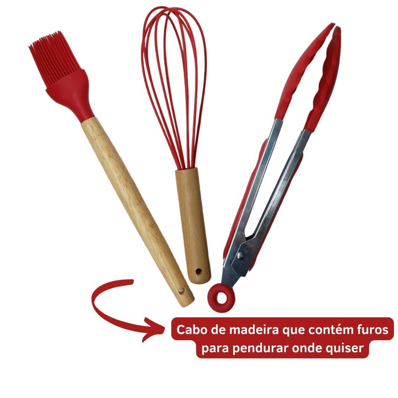 Kit Utensílios de Cozinha 12Pçs - Silicone e Cabo de Madeira