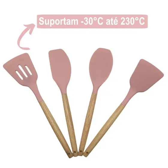 Kit Utensílios de Cozinha 12Pçs - Silicone e Cabo de Madeira