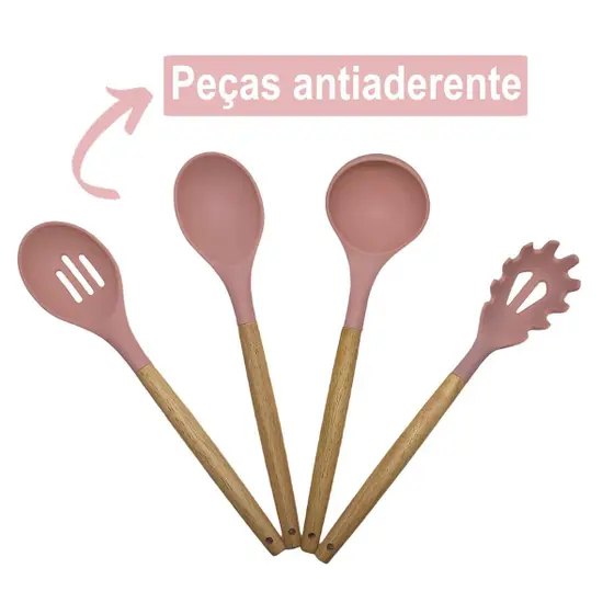 Kit Utensílios de Cozinha 12Pçs - Silicone e Cabo de Madeira