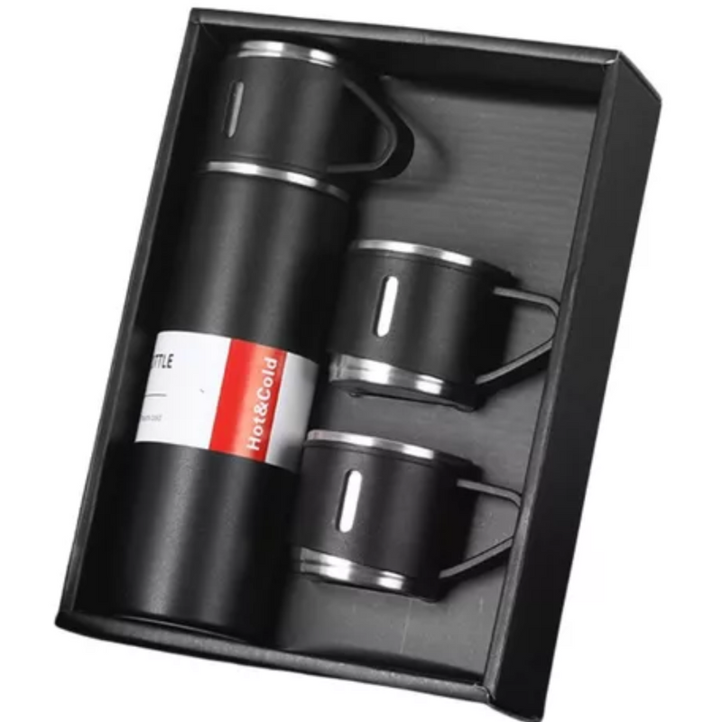 Kit Garrafa Térmica 500ML+ 3 Xícaras Aço Inoxidável - PRETO