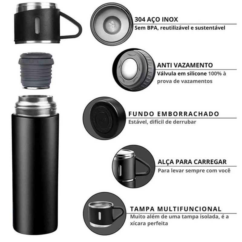 Kit Garrafa Térmica 500ML+ 3 Xícaras Aço Inoxidável - PRETO